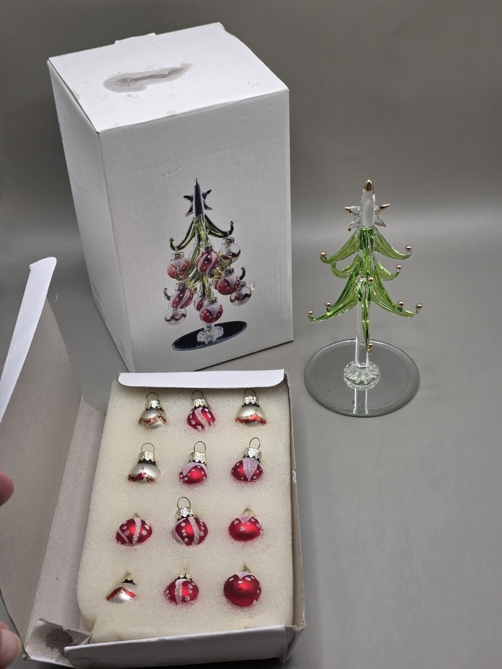 Vintage LSArts Glass Christmas Tree with 12 Miniature Ornaments Boxed 6 Inch